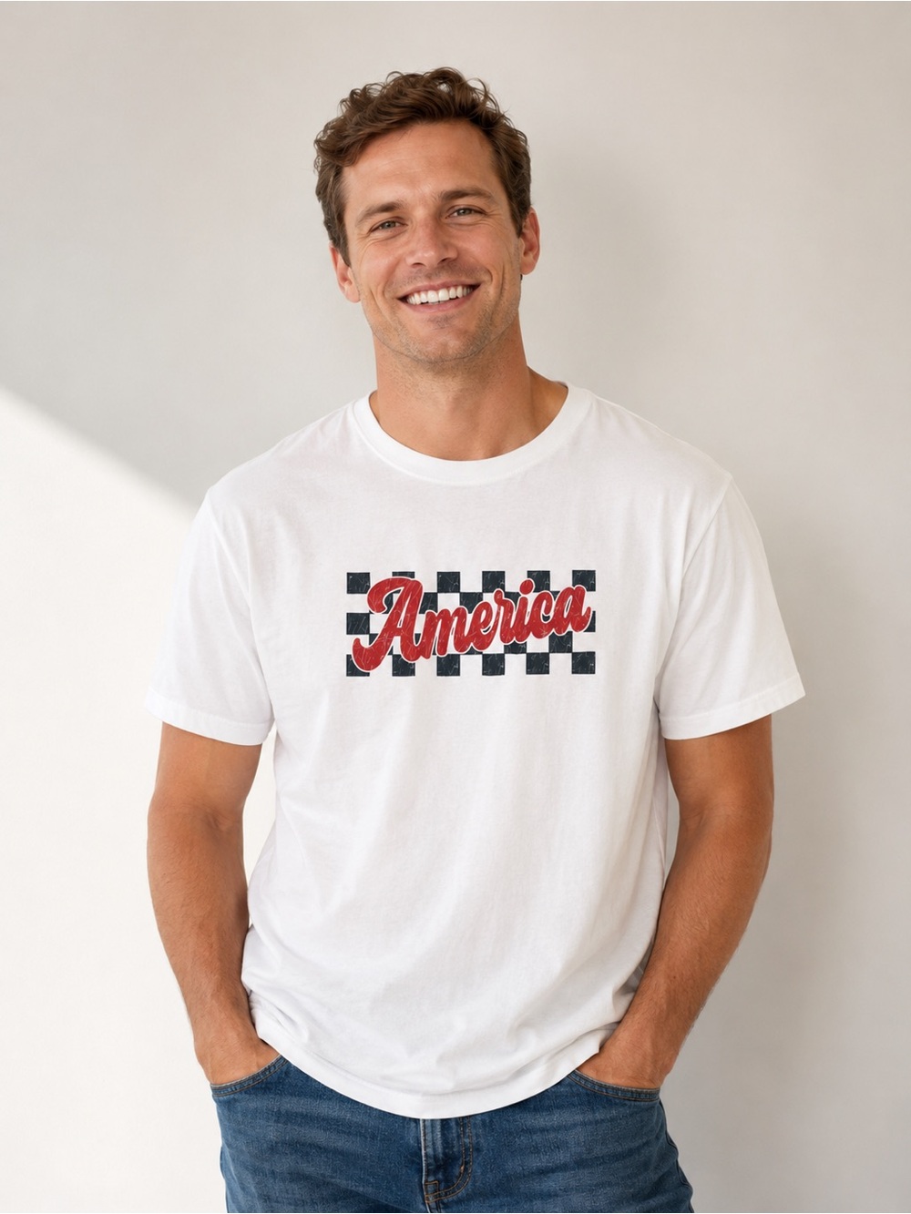 New unisex Classic White 'America' Graphic Tee - Red & Black Print